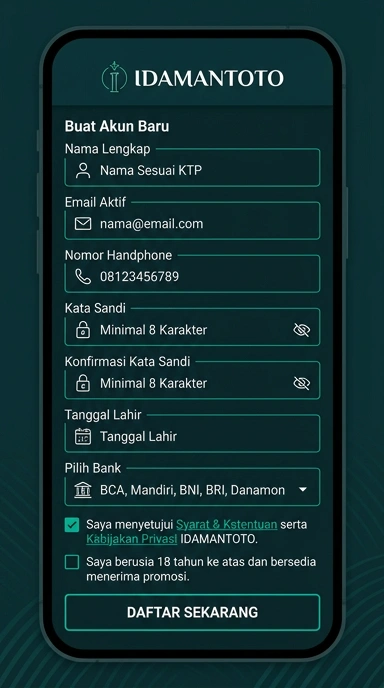 Tampilan halaman daftar idamantoto